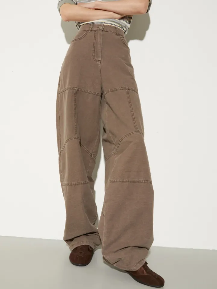 Barrel-leg canvas trousers - coffee