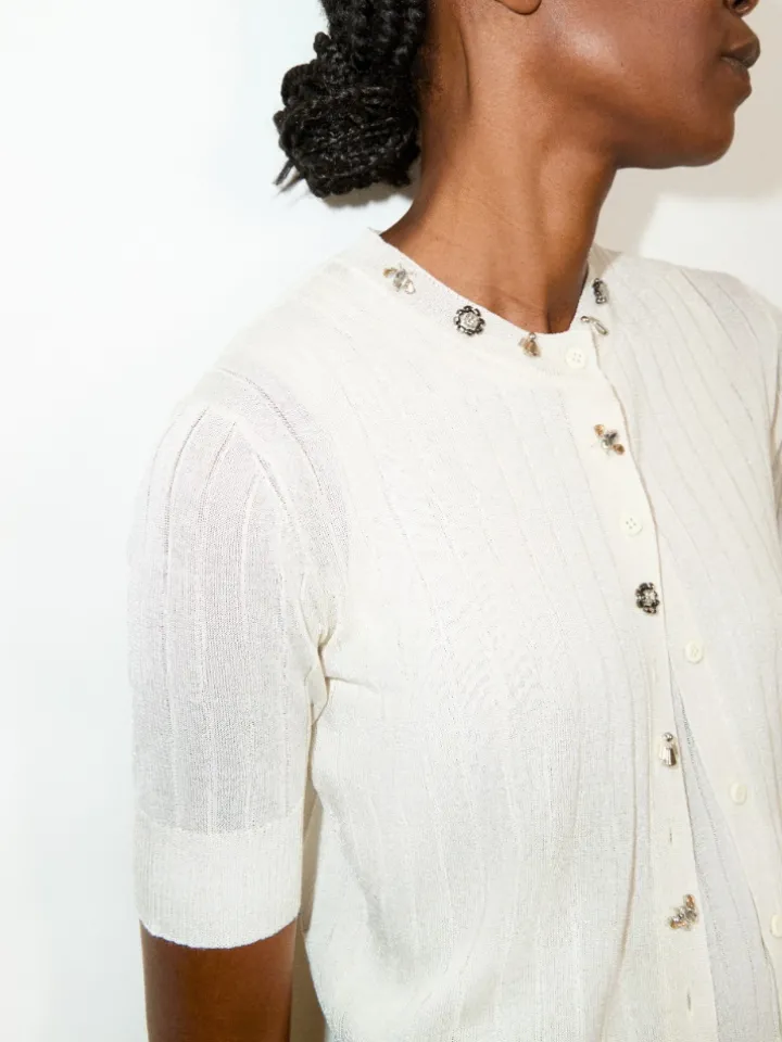 Bejewelled embroidered cardigan - milk