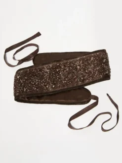 Bejewelled satin belt - chocolate