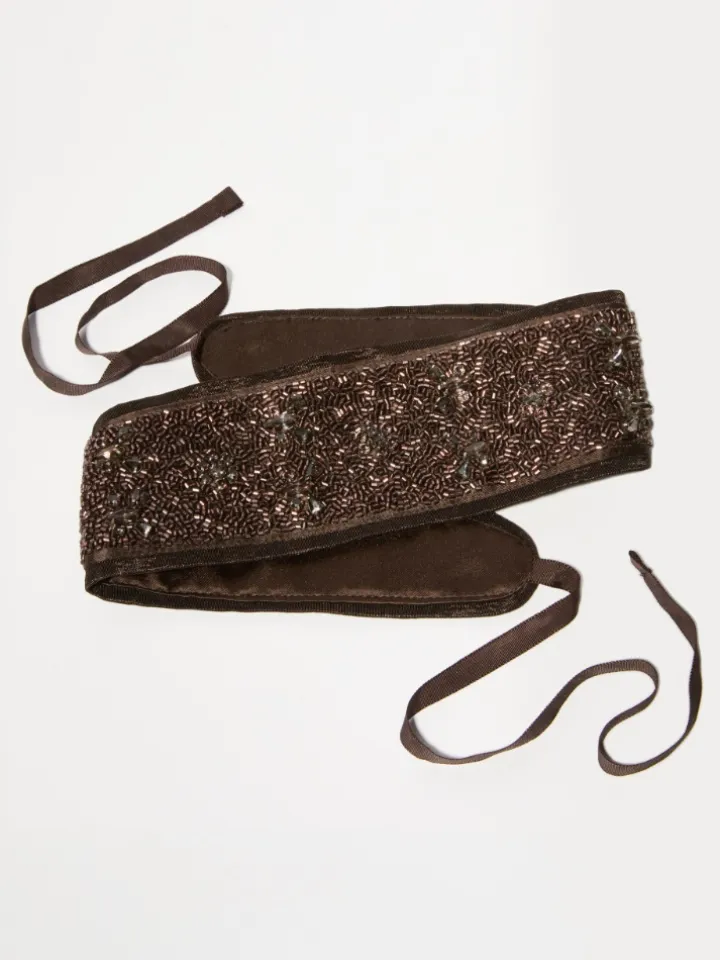 Bejewelled satin belt - chocolate