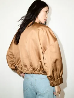 Bejewelled satin bomber jacket - beige