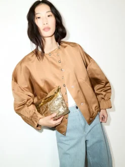 Bejewelled satin bomber jacket - beige