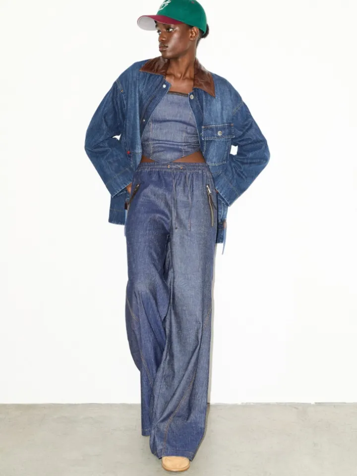 Cotton and linen denim joggers - navy