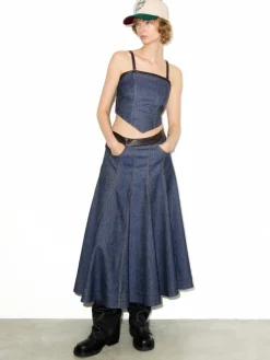 Cotton and linen denim skirt - navy