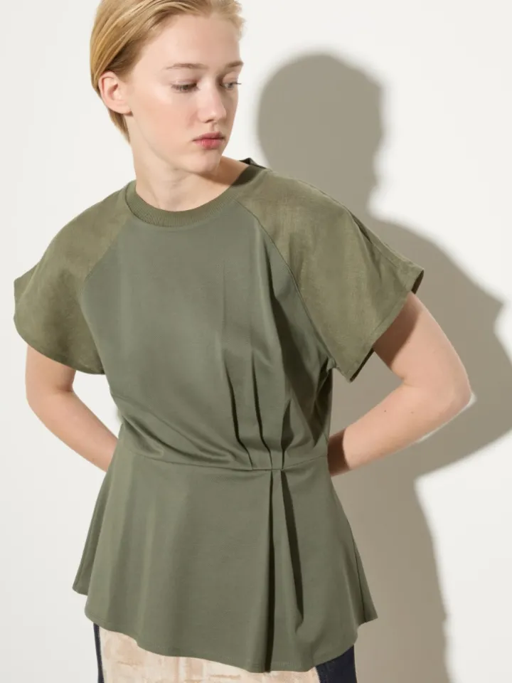 Cotton piqué and linen T-shirt - kaki