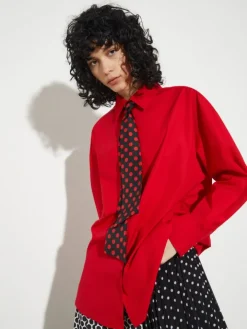 Cotton-poplin shirt with tie - red