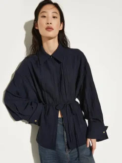 Crinkled envers-satin shacket - midnightblue