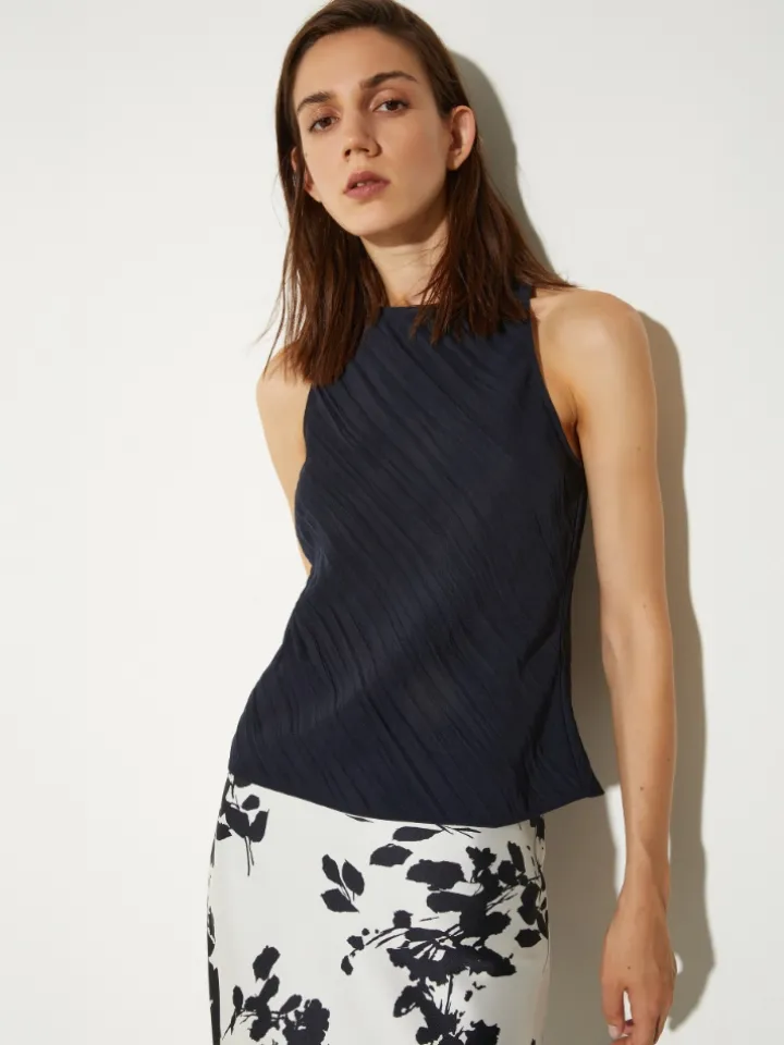 Crinkled envers-satin top - midnightblue