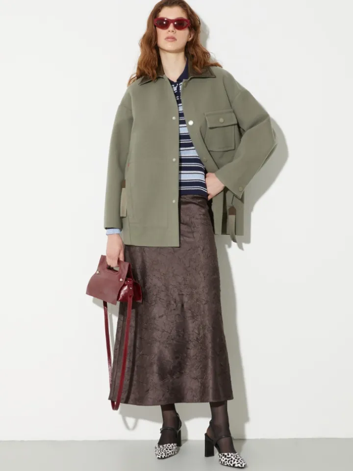 Crinkled satin midi skirt - chocolate