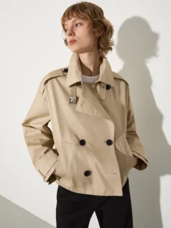 Cropped gabardine trench coat - beige