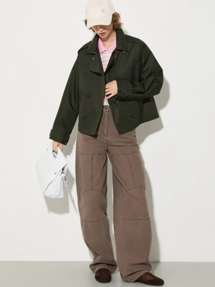 Cropped gabardine trench coat - kaki