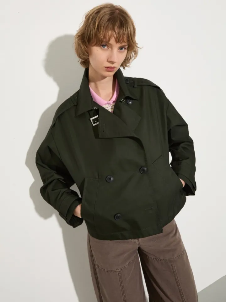 Cropped gabardine trench coat - kaki