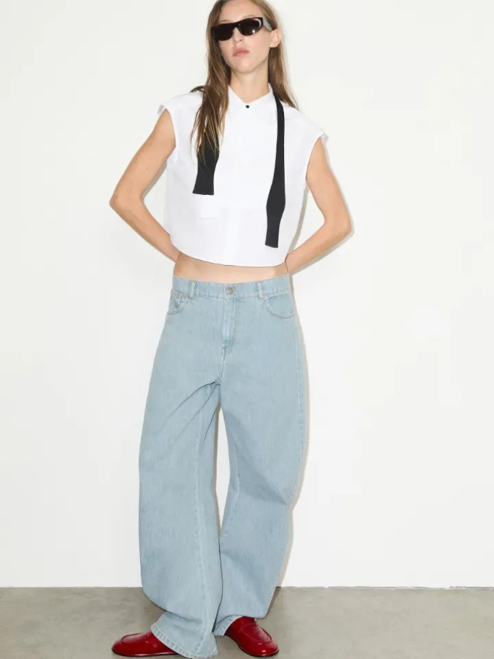 Cropped sleeveless poplin shirt - optical white