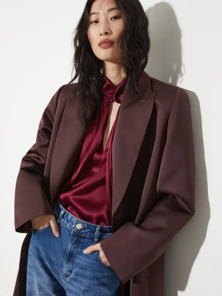 Double-breasted satin coat - bordeaux