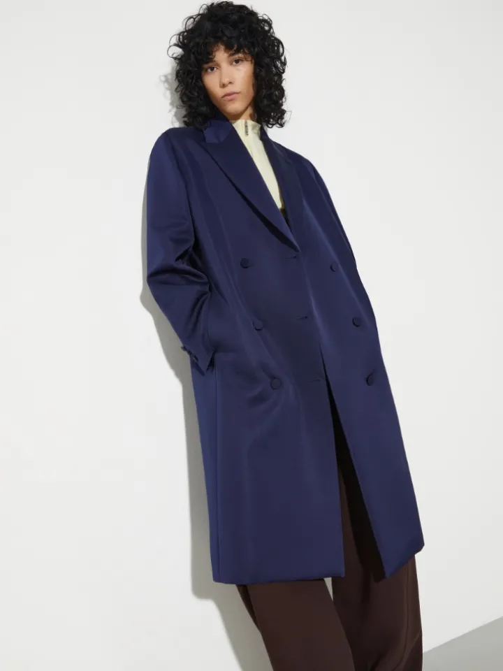 Double-breasted satin coat - navy