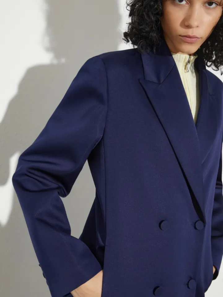Double-breasted satin coat - navy