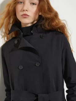 Double-breasted trench coat in ottoman - black