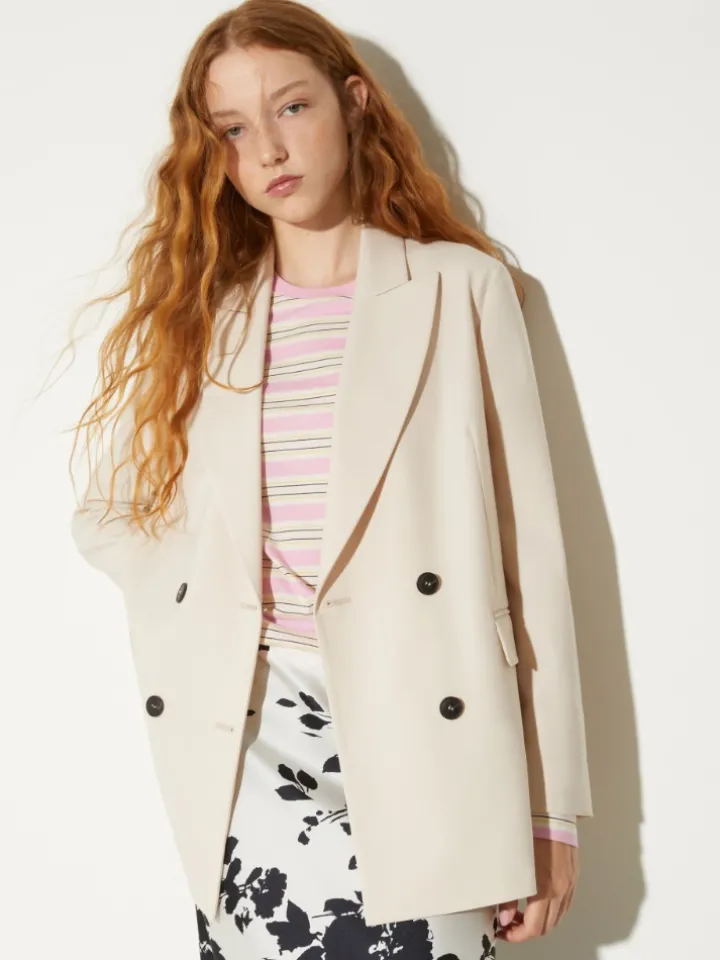Double-breasted wool-blend blazer - beige