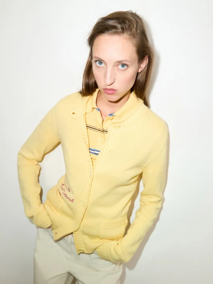 Embroidered cotton cardigan - yellow