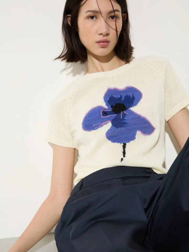 Embroidered knitted T-shirt - milk