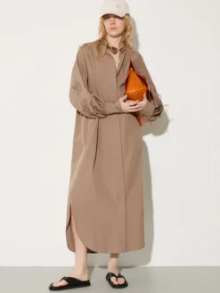 Embroidered poplin shirt dress - cocoa