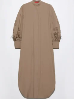 Embroidered poplin shirt dress - cocoa