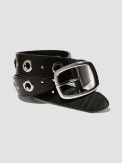 Eyelet-embellished leather belt - black