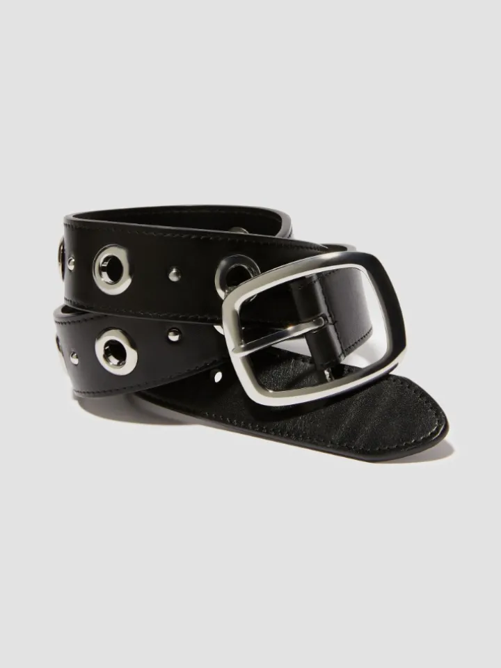 Eyelet-embellished leather belt - black