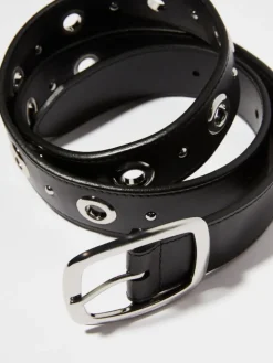 Eyelet-embellished leather belt - black