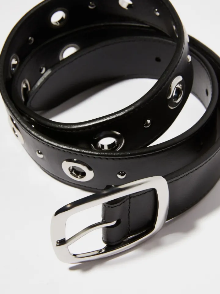 Eyelet-embellished leather belt - black