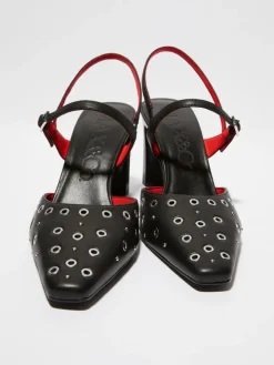Eyelet-embellished leather pumps - black