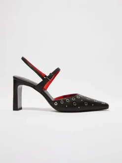 Eyelet-embellished leather pumps - black