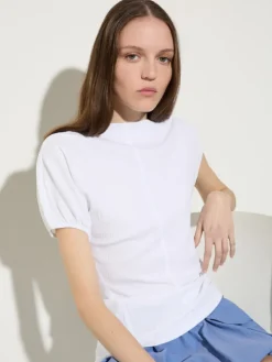 Fine rib-knit asymmetrical top - optical white