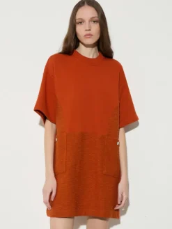 Fleece and basketweave dress - orange