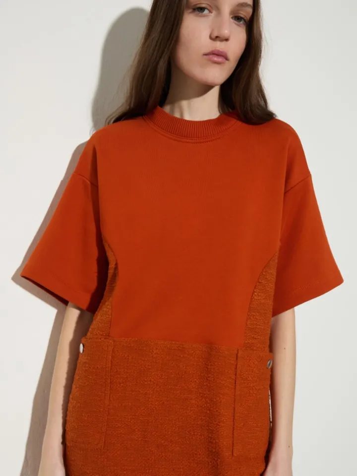 Fleece and basketweave dress - orange