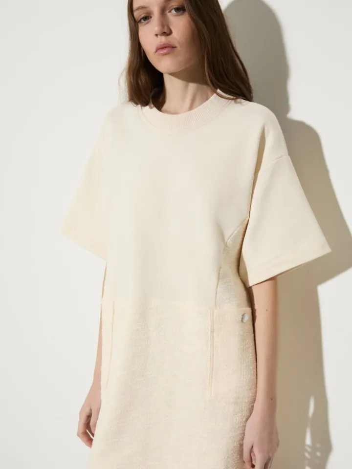 Fleece and basketweave dress - milk