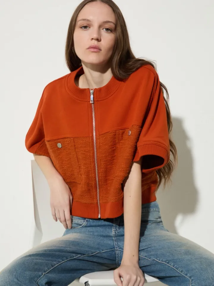 Fleece and basketweave jacket - orange