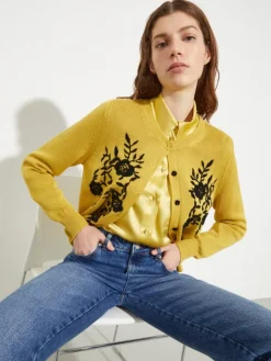 Floral-embroidered cardigan - mustard