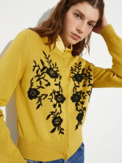 Floral-embroidered cardigan - mustard