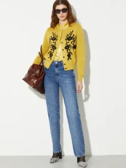 Floral-embroidered cardigan - mustard