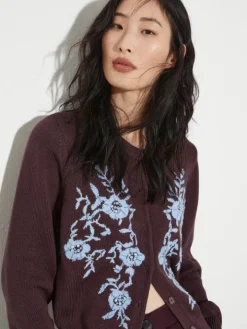 Floral-embroidered cardigan - bordeaux