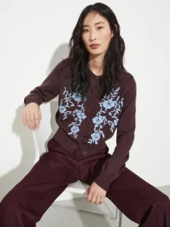 Floral-embroidered cardigan - bordeaux