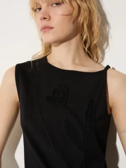 Floral-embroidered jersey top - black