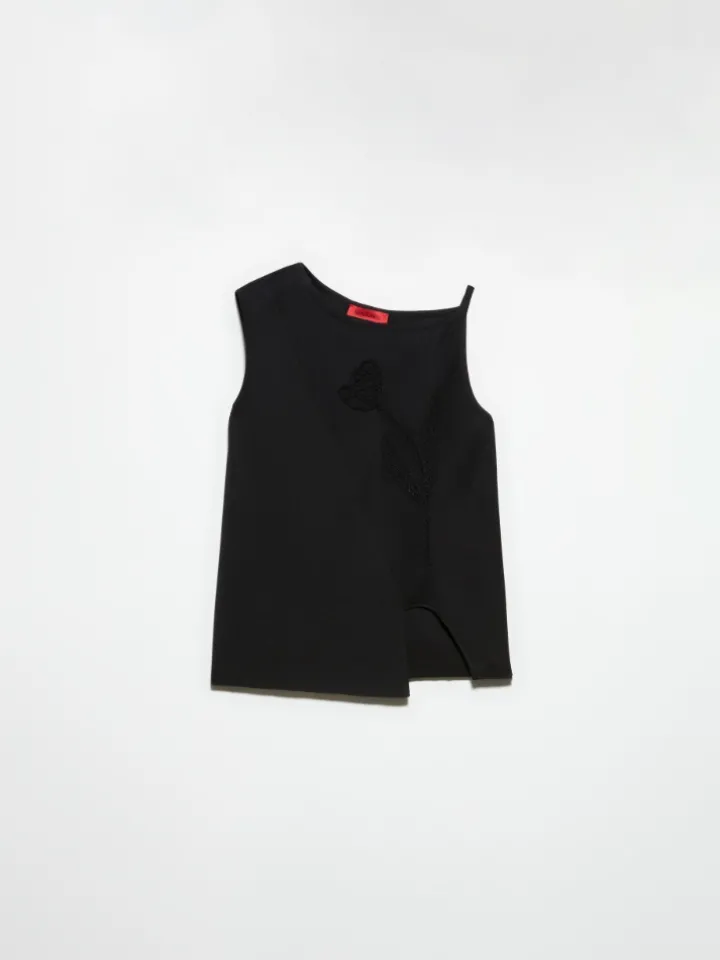 Floral-embroidered jersey top - black