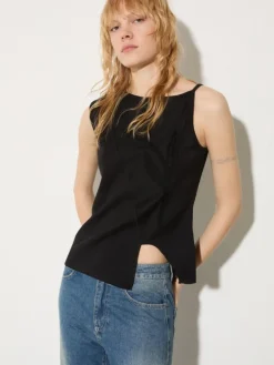 Floral-embroidered jersey top - black