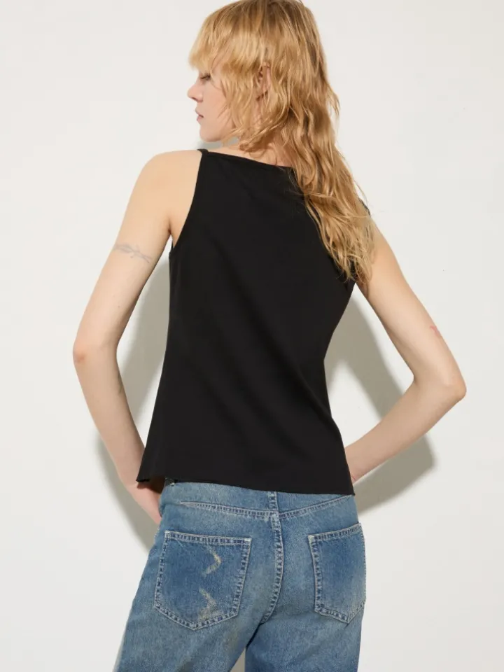Floral-embroidered jersey top - black