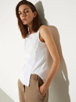 Floral-embroidered jersey top - optical white