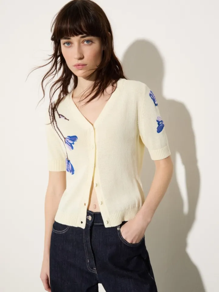 Floral embroidery cardigan - wool white