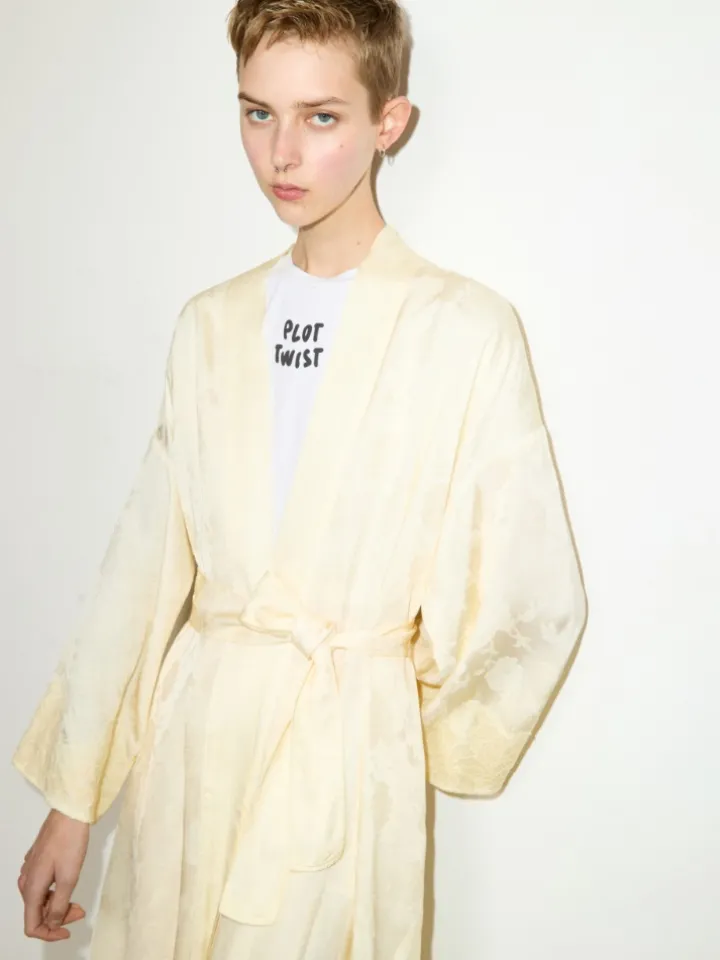 Floral-jacquard duster coat - banana