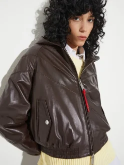 Glossy leather bomber jacket - chocolate